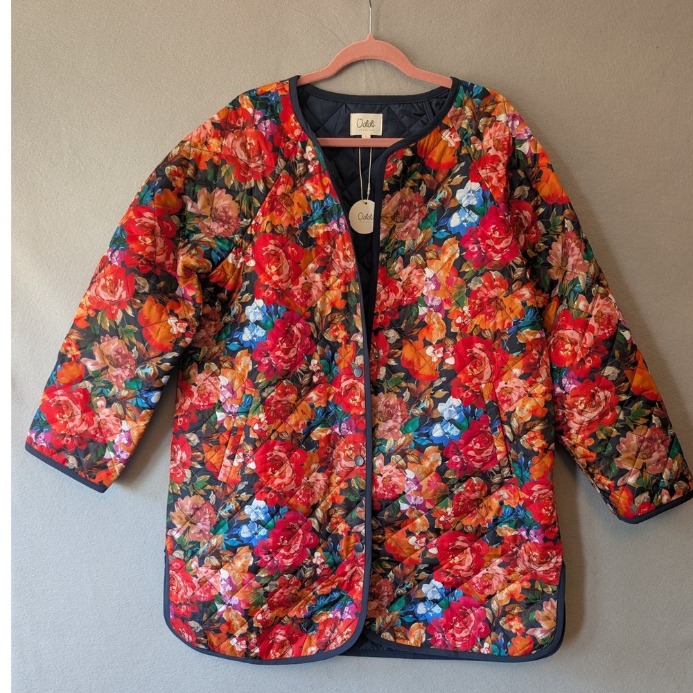NEW Oddi Quilted Jacket Coat Multi Floral Print Snap Front Puffer Women's Large